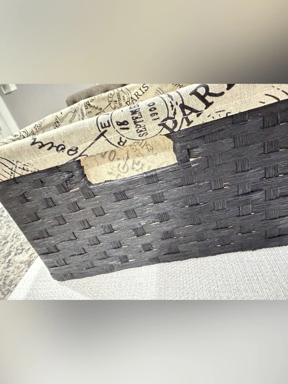 Vintage Paris Print Lined Woven Storage Black Wicker Home Basket Shabby Chic